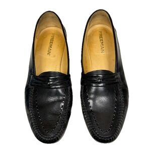 Freeman Loafers Black Leather Moc Almond Toe Stitch Design Slip On Shoes 11W EUC